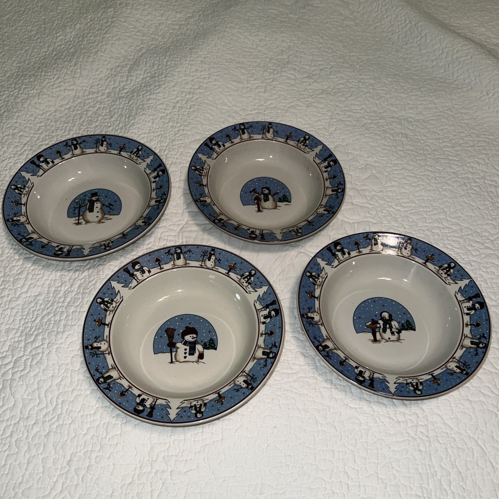 4 Vtg Christmas Soup Bowls Snowmen Holiday Canterbury Potteries 2004